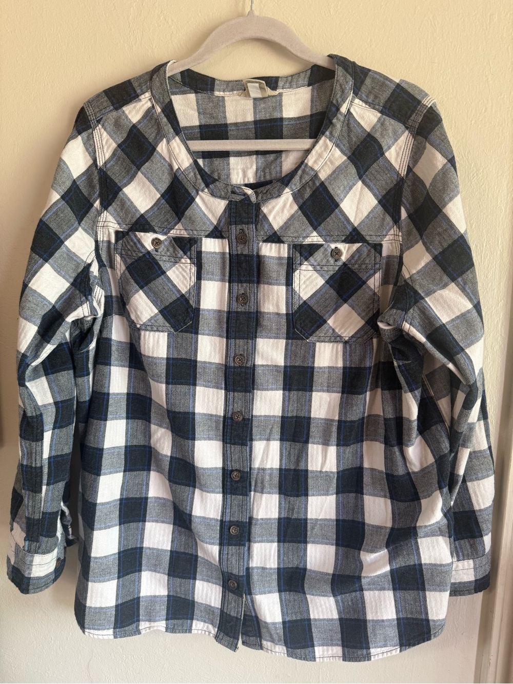 Duluth Trading Co Collarless Flannel Shirt Plaid Scoop Neck Button Size 2X